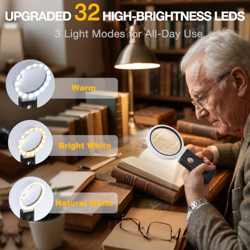 Magnifying Glass with Light and Stand,Handheld Magnifier for Reading,Hands Free Magnifying Glasses for Close Work，USB Rechargeable LED Light, Storage Case