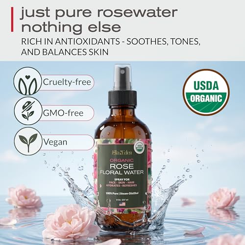 Organic Rose Water Spray for Face & Hair, 100% Pure, Alcohol Free, 8 Oz 8 Fl Oz (Pack of 1)