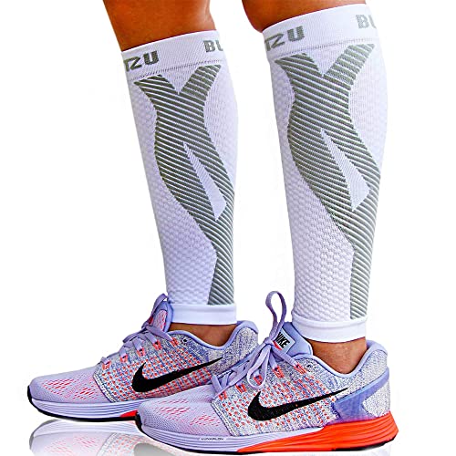 BLITZU 3 Pairs Calf Compression Sleeves for Women and Men Size XXL, One Orange, Black, White Calf Sleeve, Leg Compression Sleeve for Calf Pain and Shin Splints. Footless Compression Socks.
