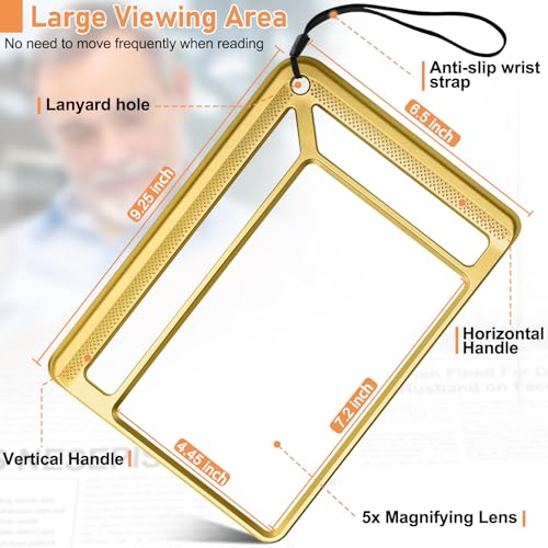 AKKYCVS 5X Full Page Magnifying Glass for Reading, Lightweight Rectangular Magnifier Provides Large Book Page Viewing Area, Handheld Magnifier for Reading Small Prints for Seniors, Low Vision-Gold Gold