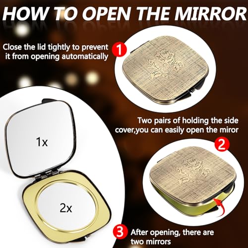 Travel Small Compact 1X/2X Mirror - Handheld, Foldable, Lightweight - Mini Pocket Magnifier for Wallet - Square 3.0 inches x 2.8 inches (Ancient Bronze) Ancient Bronze