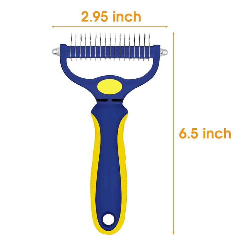 Planet Pet Grooming Brush - Double Sided Shedding, Dematting Undercoat Rake for Dogs, Cats - Extra Wide Dog Grooming Brush, Dog Brush for Shedding, Cat Brush, Reduce Shedding by 95%, Blue&Yellow