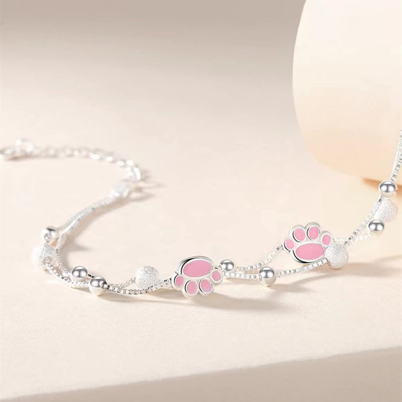 UUONLY Rose Gold Plated S925 Silver Cat Paw Print Necklace Bracelet, Cat Dog Paw Pink Crystal Paw Pendant Necklace, Cat Paw Jewerly Set for Women Bracelet 1 - BeesActive Australia