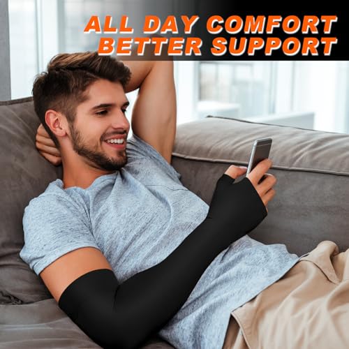 Hiball Lymphedema Medical Compression Arm Sleeve with Gauntlet, 20-30 mmHg Graduated Compression Full Arm Support for Women Men, Long Pressure Arm Hand Brace for Arthritis, Bursitis, Edema, Nerve Pain Black (Single) X-Large