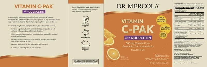 Dr. Mercola Vitamin C-PAK with Quercetin - Daily Immune Support Drink - Zinc & Vitamin D3 Blend - Gluten-Free - Effervescent Orange Flavor - 30 Packets