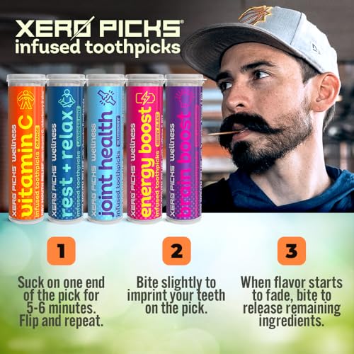 Xero Picks Wellness Flavored Toothpicks - Brain Boost, Immunity, Rest & Relax, Joint Health, and Energy Boost - 100 Picks (Variety, 5 Pack) Kosher - Sugar Free VARIETY 100 Count (Pack of 1)