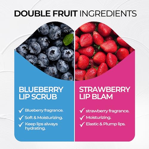 2 in 1 Lip Care Kit with Blueberry Lip Scrubber Exfoliator 28g and Strawberry moisturizing lips balm 20g – lip lightening for dark lips, Dry, Chapped, Cracked Lips (48g) Strawberry And Blueberry