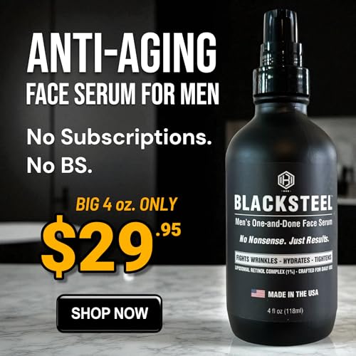 BLACKSTEEL Men's Anti-Aging Face Serum with Retinol & Hyaluronic Acid | One-Step Daily Wrinkle, Hydration & Firming Solution | Fast-Absorbing, Non-Greasy Skincare Made in USA | 4 oz Single Bottle 4 Fl Oz (Pack of 1)