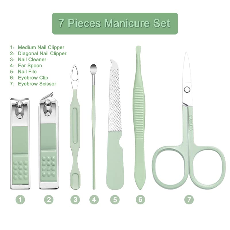 Manicure Set Nail Kit - 7 Pcs Travel Nail Clippers with Green Leather Bag