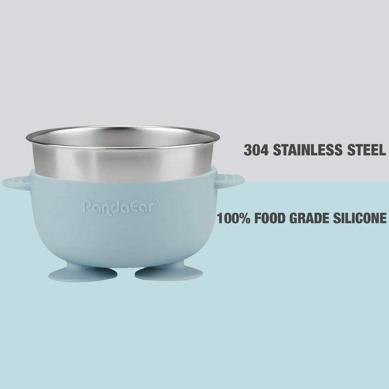 PandaEar 3 Pack Stainless Steel Baby Suction Bowls, Non-Slip Child Food Bowl with Silicone Sleeve for Kids Toddlers Infants, Unbreakable & Mess Free (Blue Green Brown) Blue Green Brown