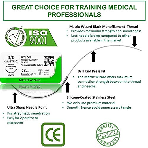 3-0 Sterile Sutures Thread with Needle (Black Monofilament) - Medical and Nursing Student's Surgical Practice Suture Kit, Training with Stitching Pad, First Aid Field Emergency Demo, Vet Use