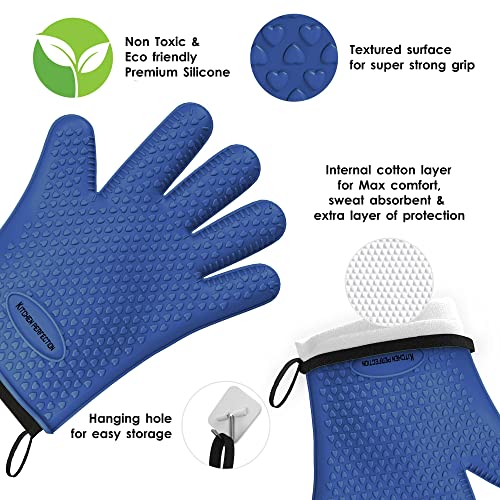 KITCHEN PERFECTION Silicone Smoker BBQ Gloves - Heat Resistant Oven Mitts Classic Blue One Size Fits Most
