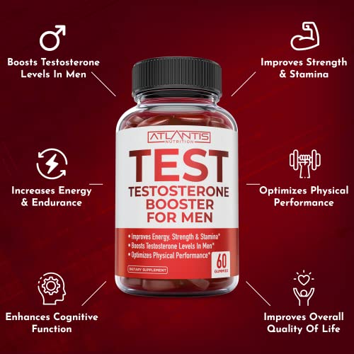 Atlantis Nutrition Testosterone Booster Gummies for Men - Enhances Strength & Stamina - Optimizes Performance & Male Enhancement - Tribulus, Goat Weed Extract, Maca Root Extract | 60 Gummies 60 Count (Pack of 1)
