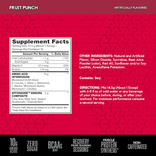 BSN Amino X BCAAs Recovery Powder, Caffeine Free, Fruit Punch, 30 Servings 15.34 Ounce (30 Servings, Pack of 1)