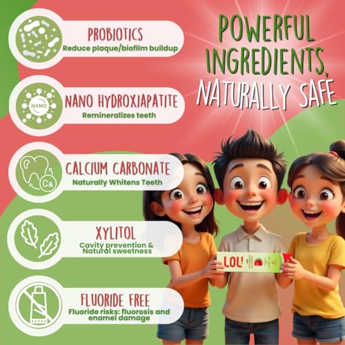 LOL Kids Toothpaste 3-Flavors Pack | Nano Hydroxyapatite Toothpaste, Probiotics, Vitamins A, C, E | Safe if Swallowed, No SLS | 1 Peppermint, 1 Strawberry & 1 Melon Flavor