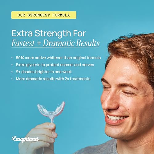 Laughland Super Strength Teeth Whitening Kit + 3 Extra Gel Refills (12 Total Treatments), Phone-Powered LED Whitener, 11% Hydrogen Peroxide Formula, Aloe Vera & Mint, at-Home Smile Brightening Bundle