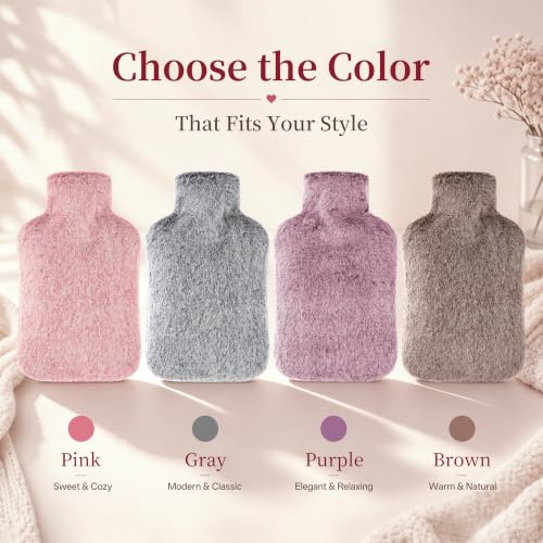 Hot Water Bottle with Luxury Cosy Faux Fur Cover, 2L Leakproof Hot Water Bag for Neck, Shoulder Pain Relief, Hot and Cold Therapies for Women,Men, Brown