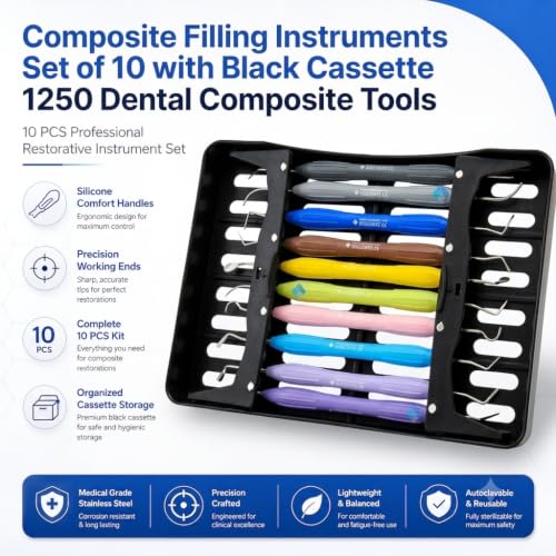 Dental Composite Placement Filling Instruments Set – Silicone Handle Restoration Plugger/Spatula – Resin Application & Tooth Restoration Kit/Black Cassette