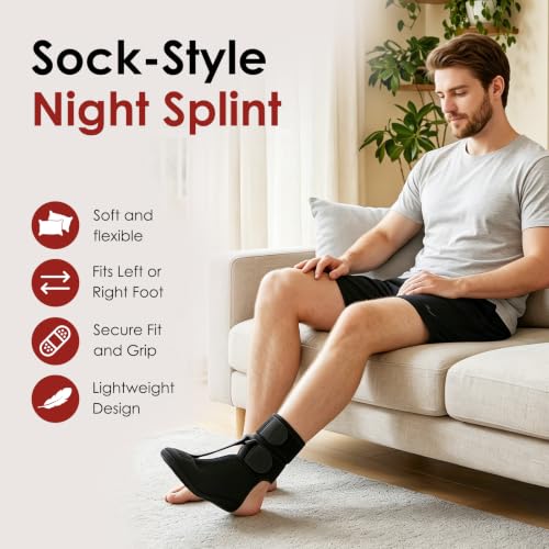 Plantar Fasciitis Night Splint Sock, Upgraded Achilles Tendonitis Brace with Massage Ball for Women & Men, Soft & Comfortable Foot Drop Night Splint for Morning Pain Relief, Large-Black