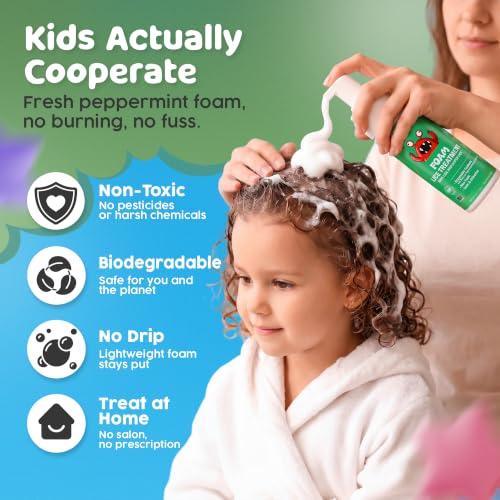 Lice Treatment for Kids & Adults – Natural Enzyme Foam Head Lice Treatment Kit, Non-Toxic Lice Killer & Super Lice Treatment, Pesticide Free Lice Removal, Fresh Peppermint, 5oz