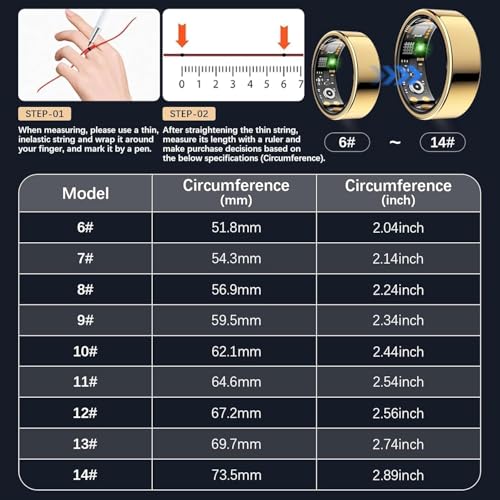 Smart Health Ring for Women Men, Fitness Tracker Ring with Heart Rate, Blood Oxygen, Sleep Tracker, Step Tracker, No Subscription Fee, IP68 Waterproof Smart Ring for iphone & Android (Gold, 11#) Gold 11#