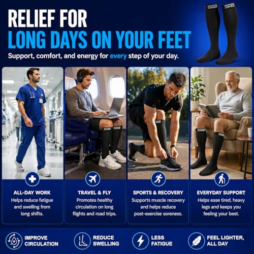 SB SOX Compression Socks for Men & Women (20-30mmHg) Large Solid Black