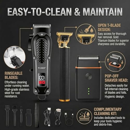WAIKIL Barber Hair Clippers Kit for Men,Cordless Clippers with T-Blade Trimmer & Shaver,Rechargeable Hair Cutting Set with Guide Combs,Beard Grooming Tools,Black Gold