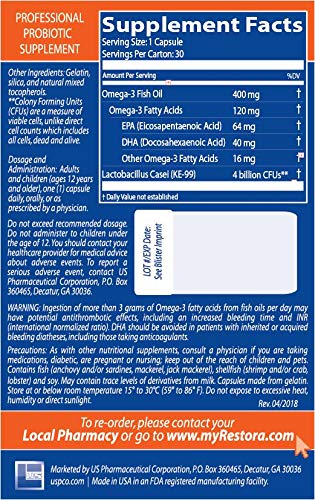 Restora Probiotic Supplement -Immunity Booster-Patented probiotic w|Omega 3, Gut Health Stabilizer Increases Resistance to Infectious Diseases -Calms Inflammation