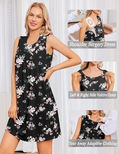 Deyeek Women's Post Shoulder Surgery Dress Tear Away Sleeveless Dress Side Full Open Chemo Port Adaptive Nightgown Black Print Medium