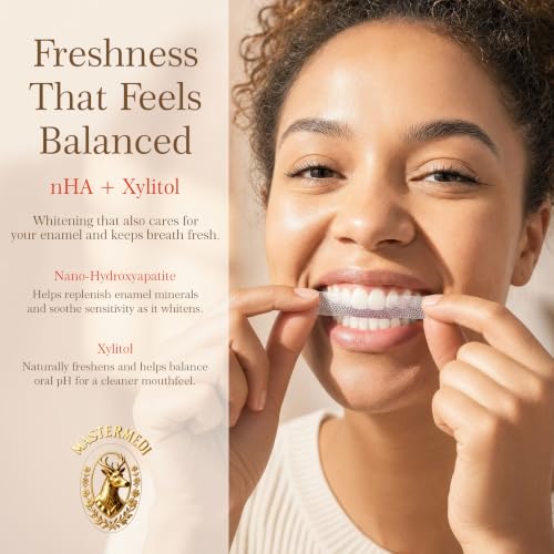 MasterMedi 3-in-1 Formula Teeth Whitening Strips Kit, 42 Strips (21 Treatments) with PAP, Nano Hydroxyapatite & Xylitol. Enamel Safe, Peroxide-Free, No-Slip Technology for Sensitive Teeth (Clean Mint)