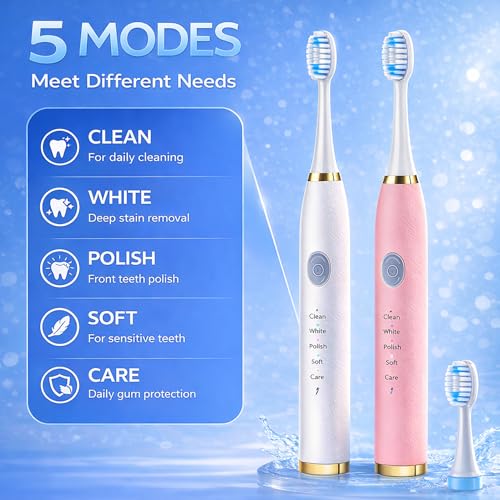 2 Pack Electric Toothbrush for Adults, Travel Electric Toothbrush Includes 10 Replacement Brush Heads, 5 Modes, 2 Hours Charge for 45 Days (White & Pink)
