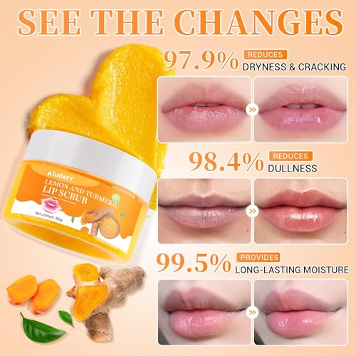 Lemon Turmeric Lip Scrub with Brush Set - lip Scrubber Exfoliator for Dark, Dry, Chapped LiPs, Reduce Fine Lines - Hydrating Moisturizing Lip Care for Instantly Smooth, Soft Lips 2.5 Ounce (Pack of 2)