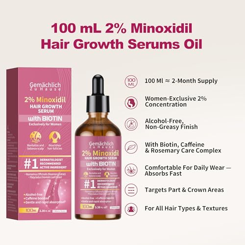 Minoxidil for Women Hair Growth with Biotin, 100ML Topical Minoxidil Serum with Rosemary for Hair Regrowth Treatments, Non-Greasy, Helps Prevent Hair Thinning & Hair Loss Solution 2% Minoxidil 1 Count (Pack of 1)