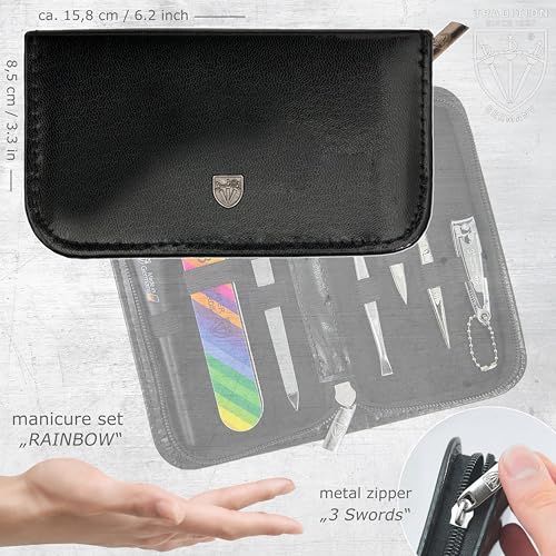 3 Swords Germany - Brand Quality 7-piece Manicure kit with Rainbow Nail Buffer and Many More Tools in Black Artificial Leather case