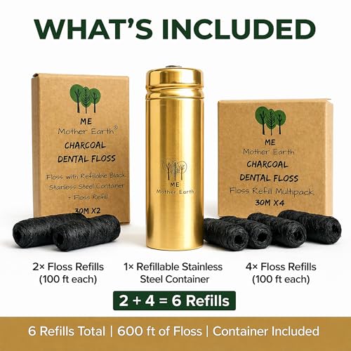 Vegan Bamboo Charcoal Dental Floss with Refillable Gold Stainless Steel Container with 30m x4 Refill | Peppermint Essential Oil | Eco Friendly Zero Waste Oral Care