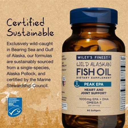 Wiley's Finest Wild Alaskan Fish Oil Peak EPA, 60 Count (Pack of 1) | Heart and Joint Support, Triple-Strength Peak EPA and DHA, 1000 mg Omega-3s, Heart Health Support 60 Count (Pack of 1)