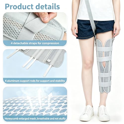 3-Panel Knee Immobilizer Brace for Men Women, Adjustable Leg Stabilizer with 4 Rigid Aluminum Splints & Anti-Slip Shoulder Strap, for Post-Surgery Recovery, Ligament Tears, Fractures