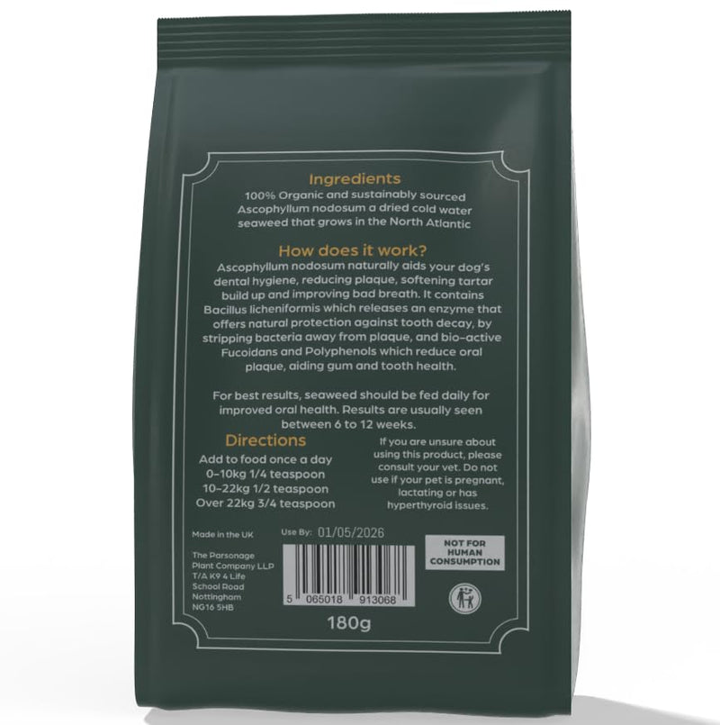 Plaque Off and Tartar Remover for Dogs 180g Dental Care for Healthy Teeth and Gums, Up to 6 Months Supply and Better than Water Additive - 100% Organic with No Chemicals - Made in the UK