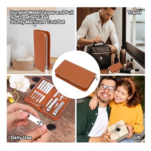 Professional Manicure Set for Fathers - Heavy Duty Stainless Steel 9 Piece Men Pedicure Tools Kit with Brown Leather Case,Gift for Grandpa Dad Husband