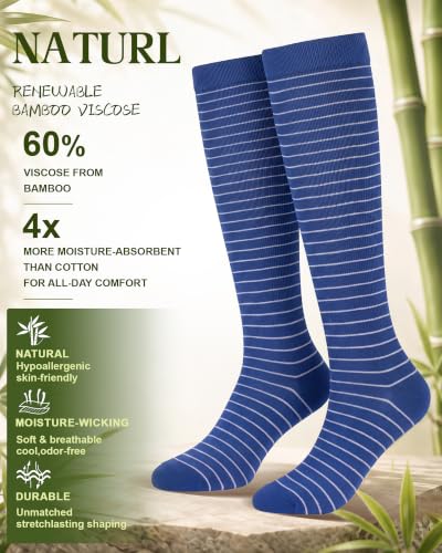 Bamboo Compression Socks for Women, 4 Pairs, 15-20 mmHg, Knee-High Support Small-Medium 02-blue