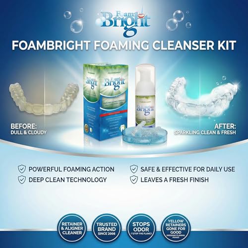 Aligner & Retainer Cleaner Whitening Foam | Compatible with Invisalign, Byte, Candid, ClearCorrect | Night Guard Mouth Guard Denture Cleaner | Whitens Teeth, Peroxide Free, Enamel Safe | FoamBright 1 Unit