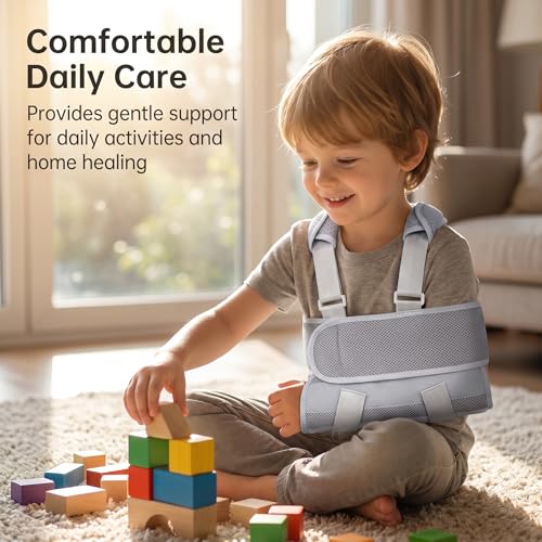Kids Arm Sling, Adjustable X-Cross Shoulder Immobilizer with Breathable Mesh Padding for Broken Fractured Arm Wrist Elbow Injury, Left Right Universal, Gray, S