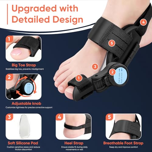 Bunion Corrector for Women & Men, Adjustable Knob Dual-Action Bunion Splint with Silicone Pad - Orthopedic Toe Straightener & Separator for Hallux Valgus Relief, Fits Left/Right Feet (Black) Black