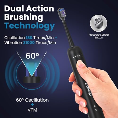 Sonic Electric Toothbrush for Adults – Oscillation & Vibration Rechargeable Power Toothbrush with 5 Modes, 6 Brush Heads & Travel Case - 30+ Days Battery Life IPX7 Waterproof- 2Min Smart Timer Black 1 Count (Pack of 1)