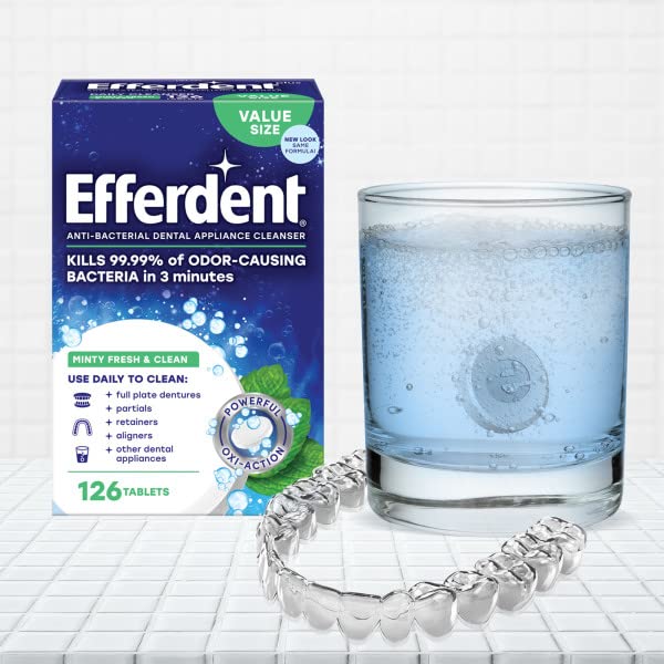 efferdent Retainer & Denture Cleaner, Minty Fresh & Clean Oxi-Action Tablets, Daily Cleanser Dissolves Stains, Removes Odors, Freshens Dental Appliances, 90 Count (Pack of 2) 90 Count (Pack of 2)