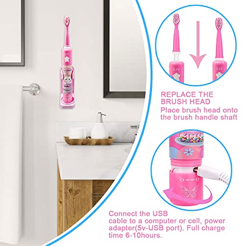 OJV 8620 Musical Electric Toothbrushes for Kids Children, 3 Modes 2 Min Timer, 6 Bristles Rechargeable Power Smart Sonic Music Play Song Toothbrush for Girls Age 3-14 with Wall Mounted Holder (Pink) Pink