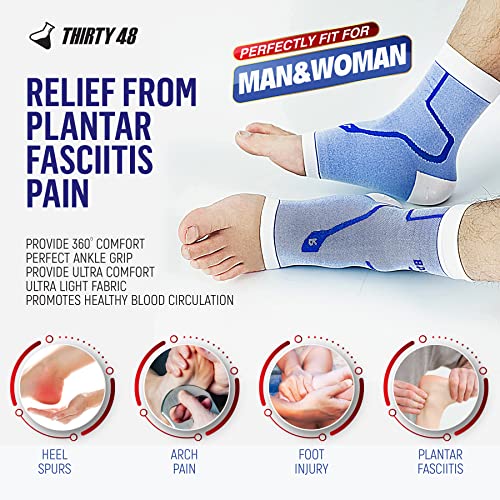Thirty48 Plantar Fasciitis 20-30 mmHg Ankle Compression Socks, Foot Brace Black & Grey (2 Pairs) Medium