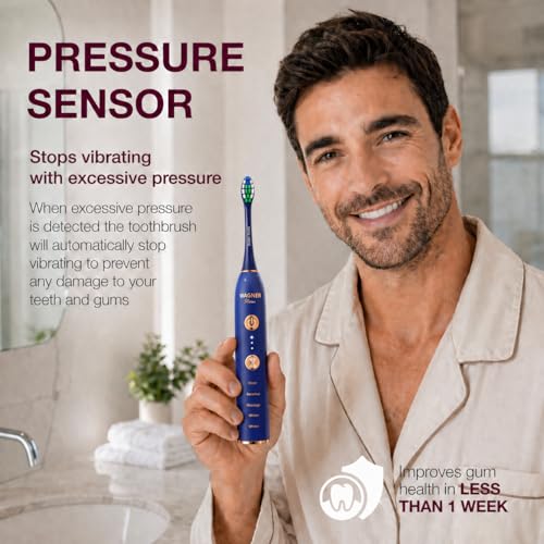 Wagner Stern WHITEN+ Electric Toothbrush, 48,000 VPM, Pressure Sensor, 5 Modes, 8 Brush Heads, Travel Case Royal Blue