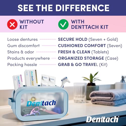 Denture Starter Kit, 9 Piece Kit Includes Denttach Seven Thermoplastic Denture Adhesive, Gold Denture Adhesive, Clean Tablets, Case, Brush, Scissors, Tweezers, Microfiber Towel & Travel Case