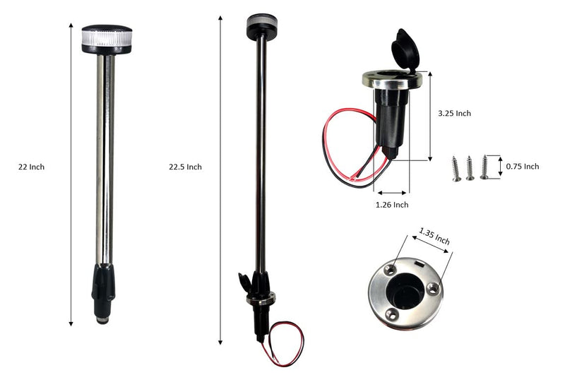 Pactrade Marine All Round White LED, Stern Light, Anchor Light, Pole Light LED Boat Navigation Light with Standard Pole 22'' with Removable 2-Pin Fixed Plug-in Base USCG 2NM for Pontoon, Fishing Boats - BeesActive Australia
